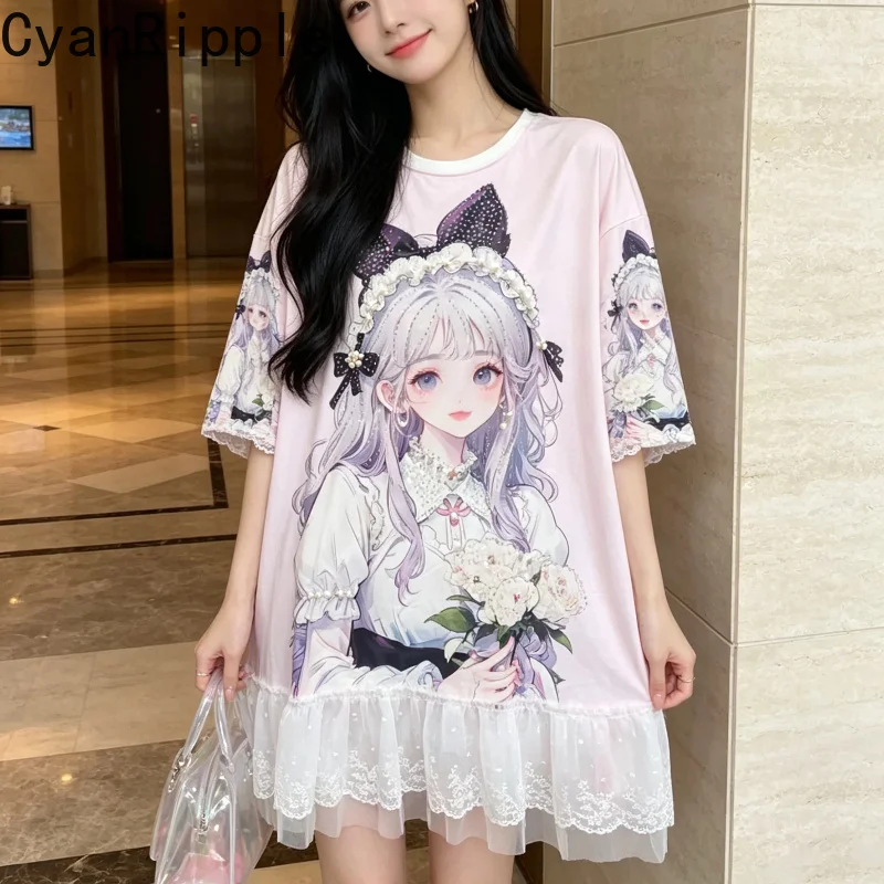 

2026 New Summer Cartoon Printing Princess Round Neck Pullover Top Mid-long Sweet Diamonds Beads Casual Women T-shirt Loose Dress