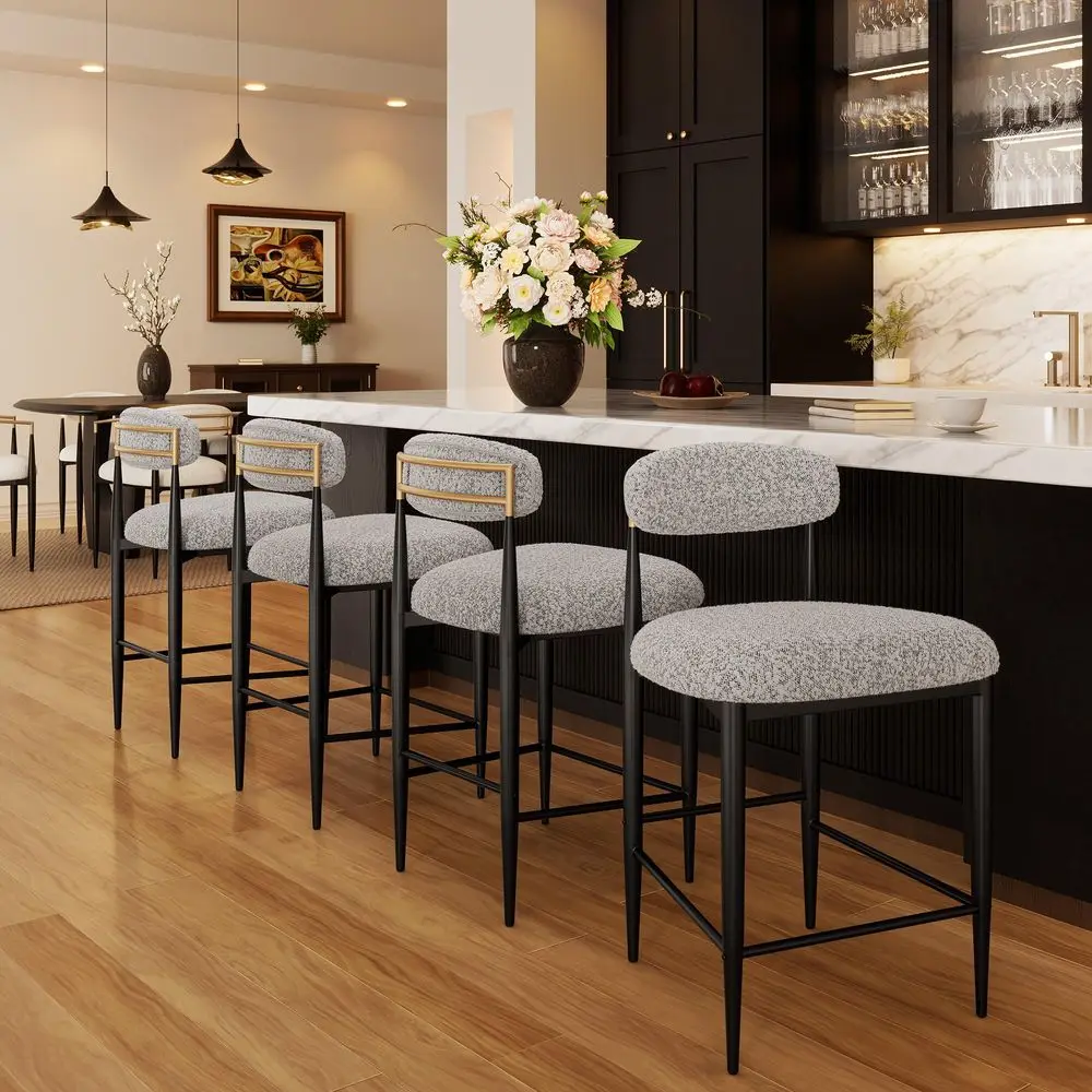 

Counter Height Bar Stools Set of 4, Modern Upholstered Counter Stools with Black Metal Legs, Boucle Island Chairs for Kitchen,