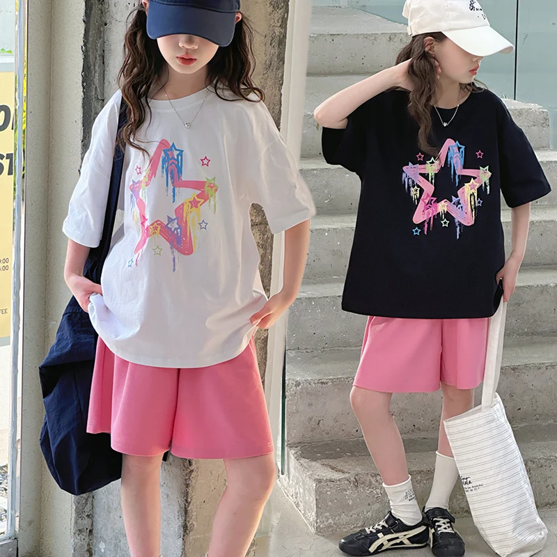2026 New Children Suit Teen Girls Korean Star Print T-Shirt + Shorts Kids Outfits Teenage Summer Clothing Set Age 5 To 14 Years