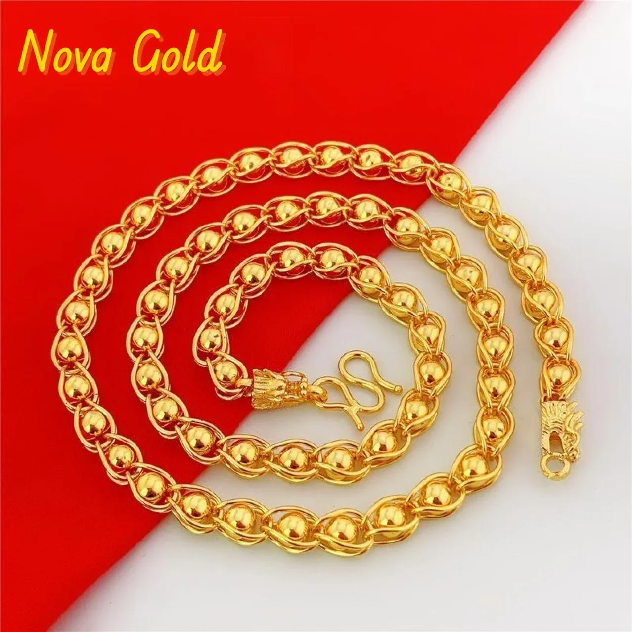 NovaGlod Luxury 24K 9999 Pure Gold real gold Men's faucet solid smooth transfer round bead necklace