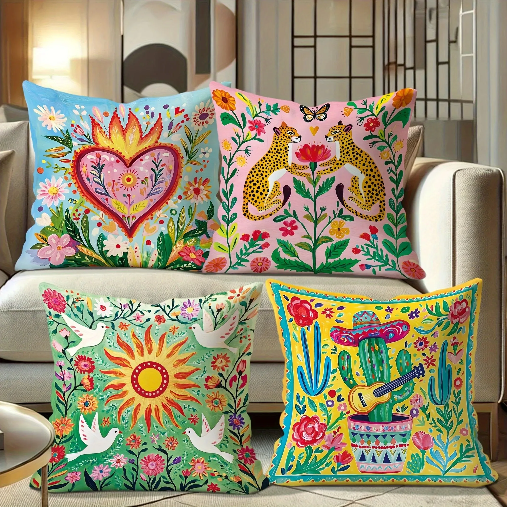 Home Decor Colorful Floral & Animal Pattern Pillow Covers Pattern Cushion Cover Suitable For Sofa Bedroom Car Pillow Cover
