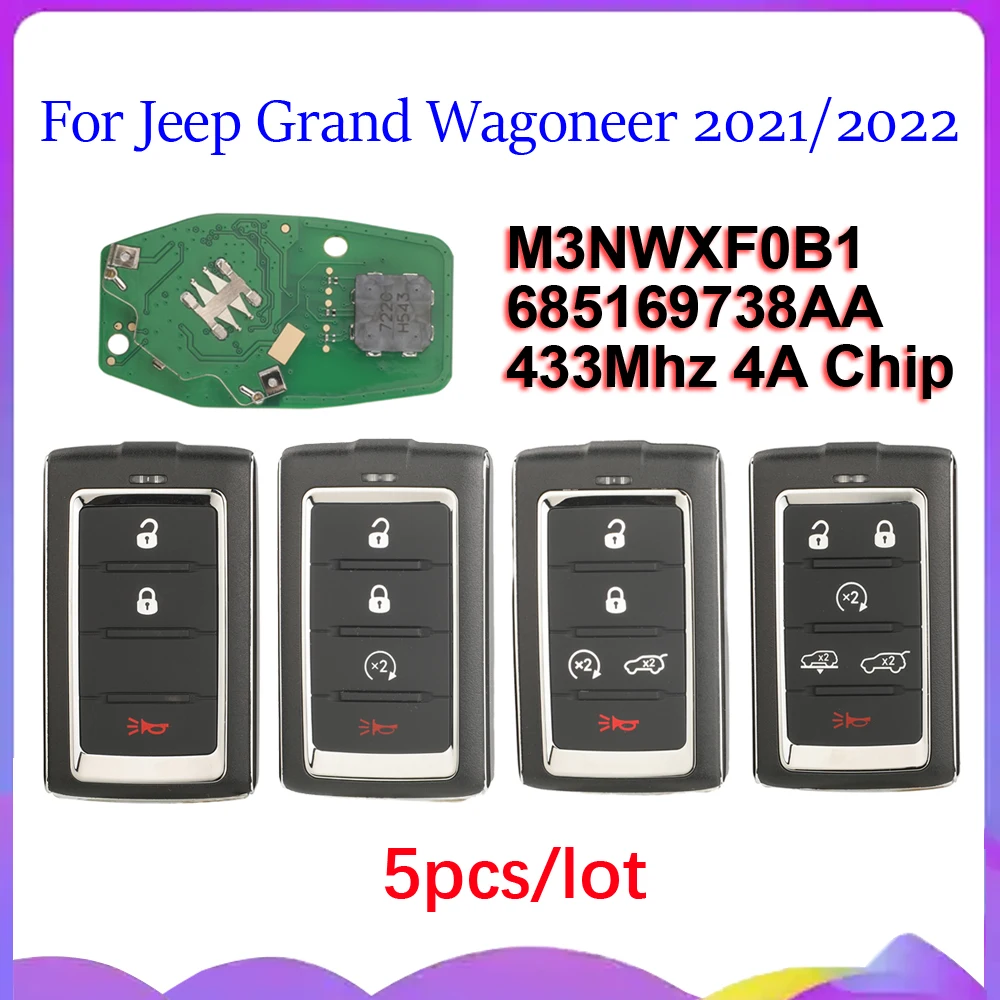 jingyuqin New 5pcs M3NWXF0B1/ 685169738AA 433MHz 4A Chip 3/4/5/6 Buttons Remote Car Key For Jeep Grand Wagoneer 2021/2022