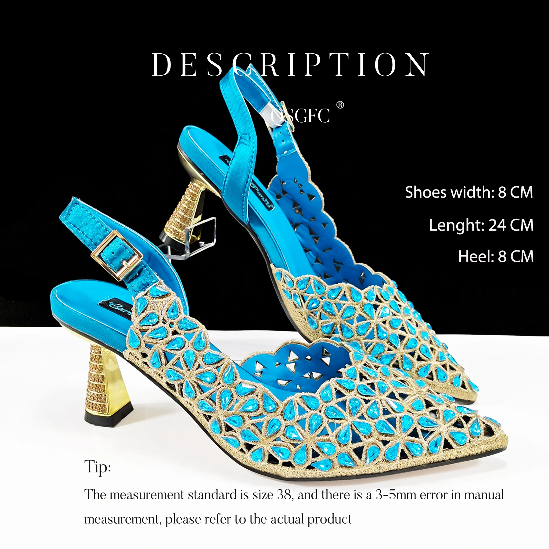Mature Sky Blue Colorful Rhinestone Decoation Design Pointed Toe High Heel Lady Shoes and Heart Shape Mini Bag for Party Wedding