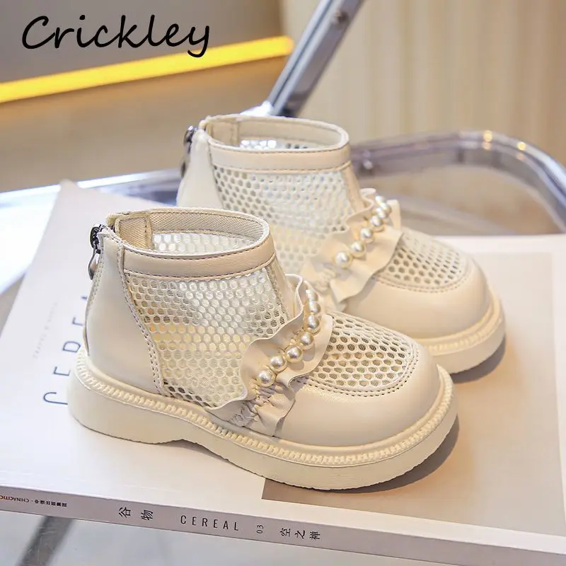 Spring Summer Mesh Children Fashion Boots Ruffles Pearl PU Princess Shoes For Girls Toddler Anti Slip Soft Kids Ankle Boots