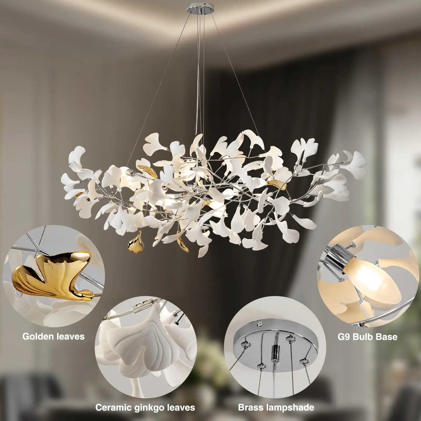 Tree Branch Chandelier Gold Ceramic Ginkgo Leaf Chandelier 31.5 Inch Brass Chandelier Living Room Dining Room Kitchen Island