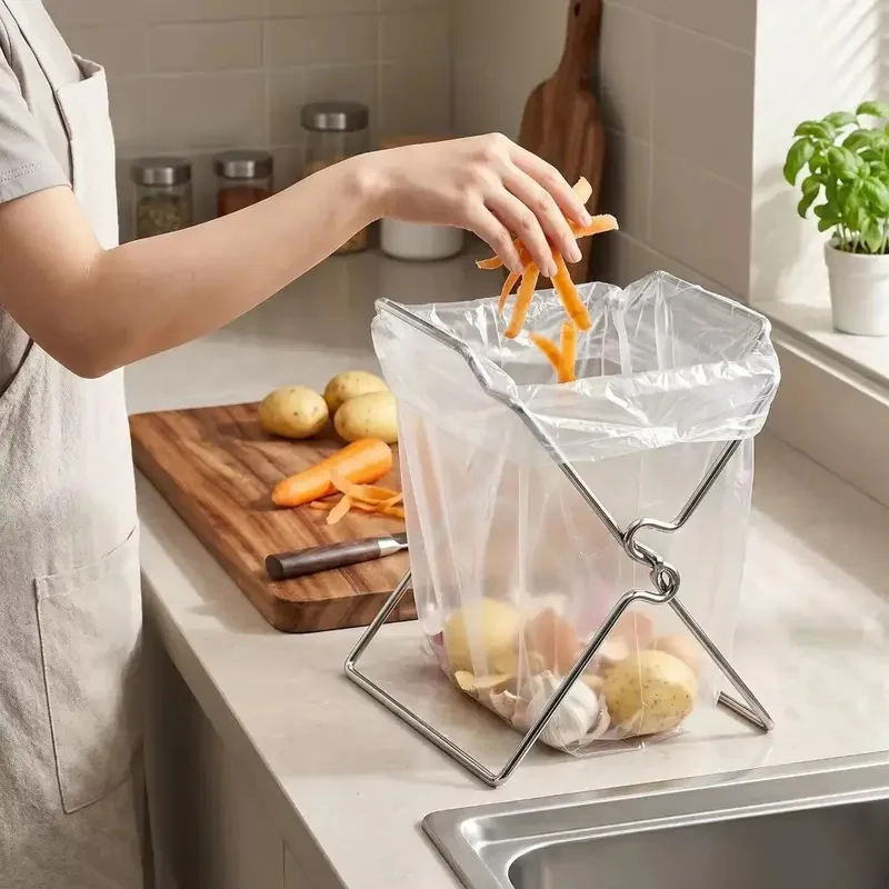 1PCS Collapsible Stainless‑Steel Trash‑Bag Holder, Portable Countertop Garbage Bag Support Stand for Kitchen