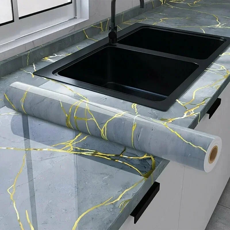 Hot-Pressed Marble-Patterned Self-Adhesive Wallpaper Waterproof And Oil-Proof Suitable For Kitchen Countertops And Cabinets.