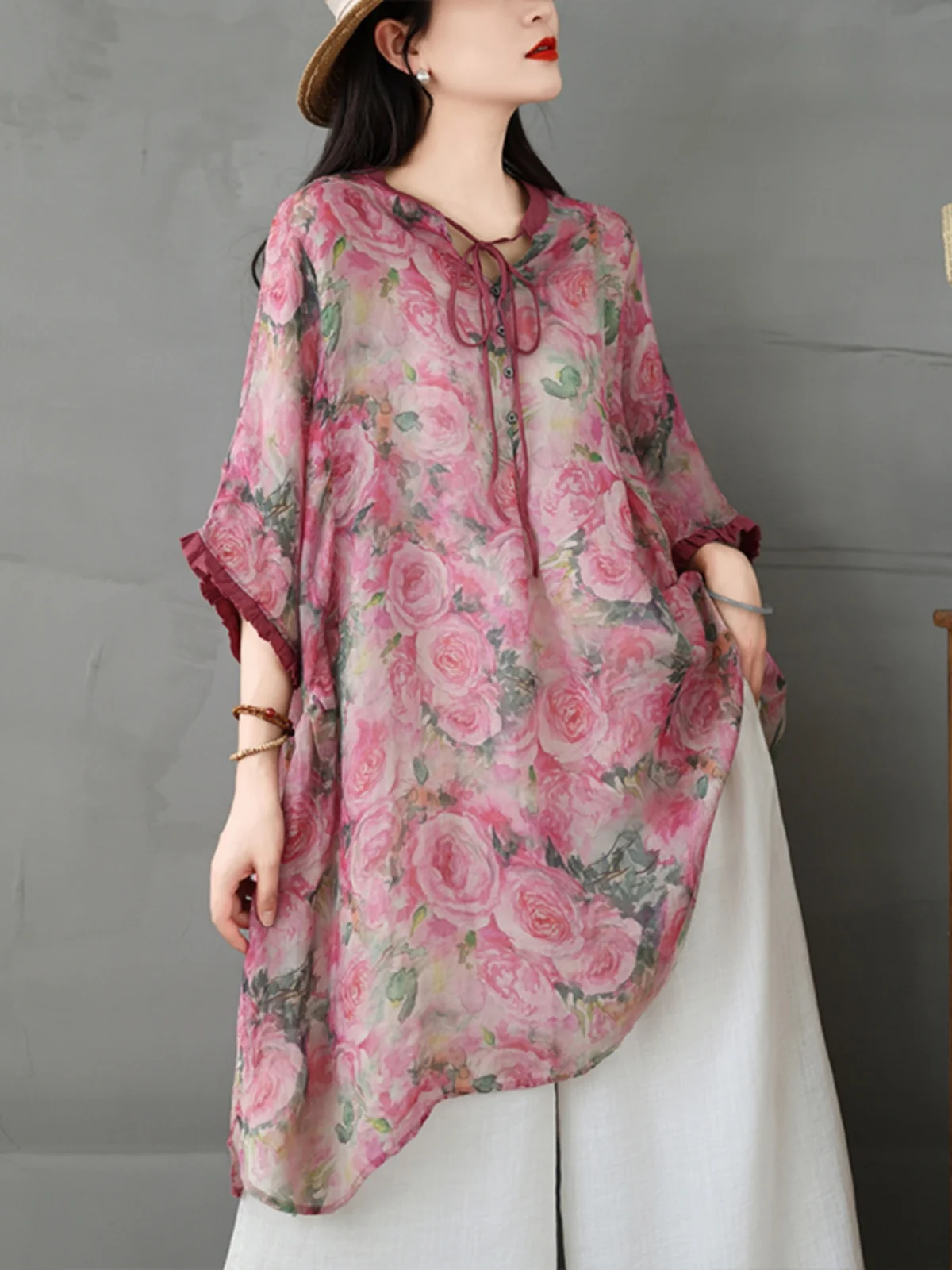 

Женский льняной топ большого размера с принтом пиона и поясом-стойкой ort Sve, повседневный топ для лета для женщин среднего возраста