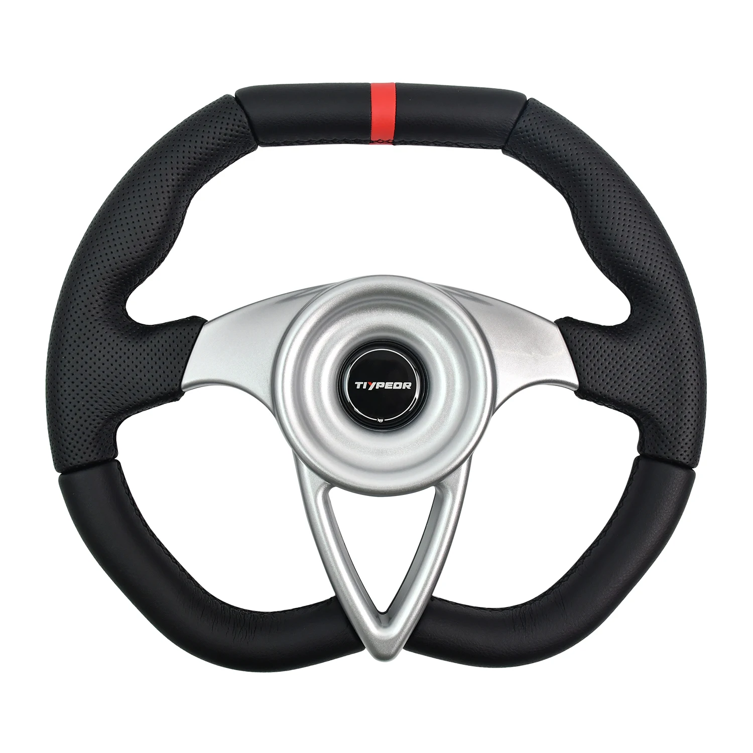 Tiypeor Black Steering Wheel 350mm Black Leather Silver Spokes Car Racing Steering Wheels