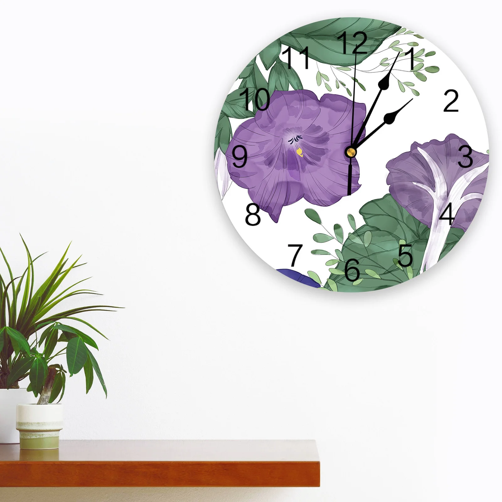 Purple Plant Flower Illustration Printed Wall Clock Modern Silent Clock Living Room Home Decor Wall Hanging Watch