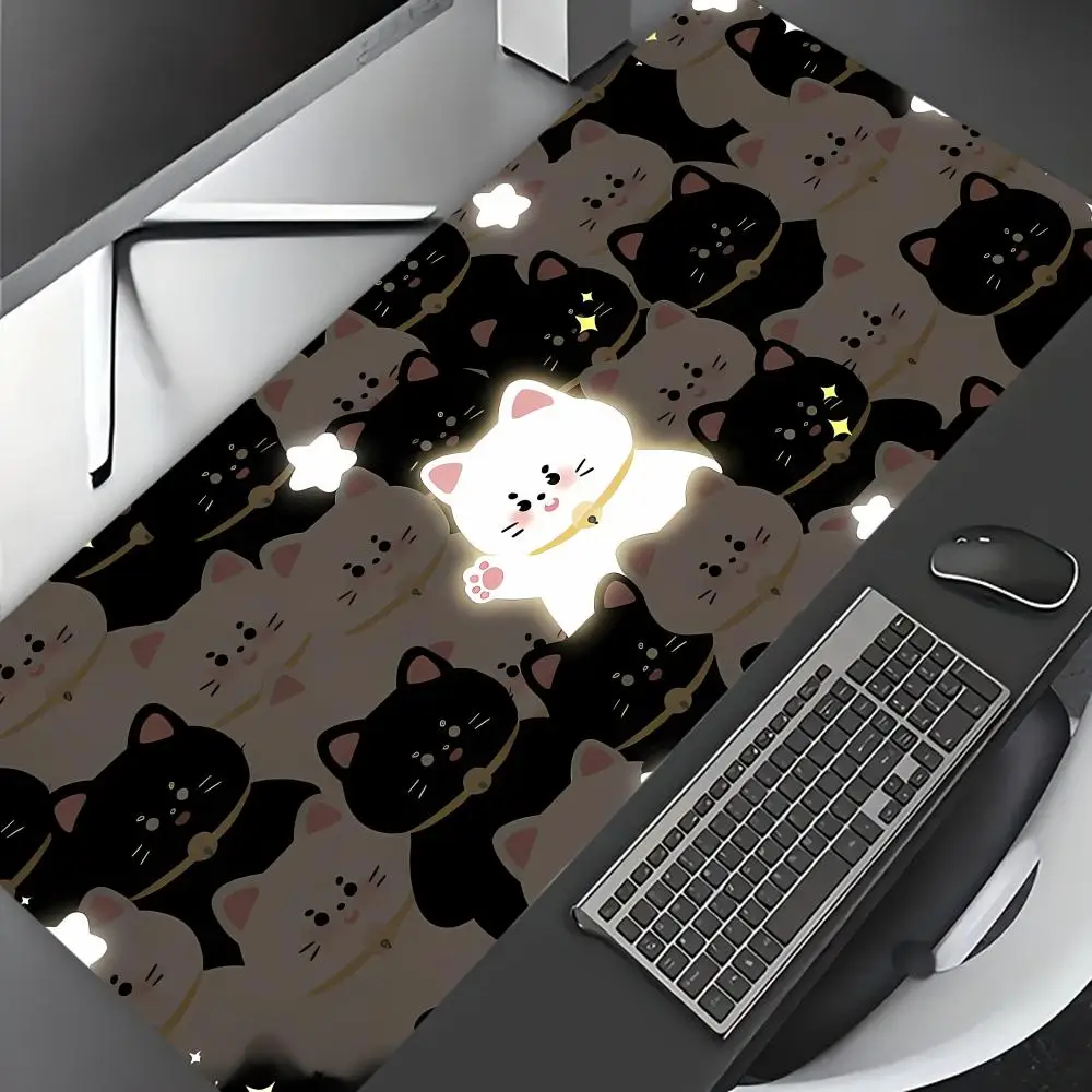 Extra Large Wide Full Desk Mouse Pad, Cute Cartoon Black White Cat Print Non-slip Desk Mat  for Gaming Desktop Decor