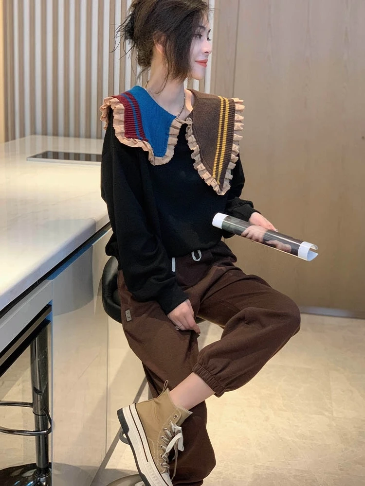 

New 2023 Autumn and Winter Women's Clothing Sailor Collar Black Collar Sweater 0928