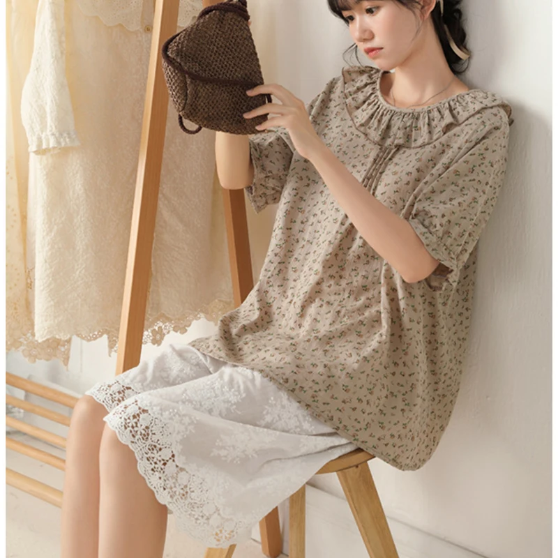 Sommer Stickerei Spitze Breite Bein Hosen Frauen Kleidung Süße Einfarbig Lose Anliegende Baumwolle Leinen Knie-länge Hosen K064