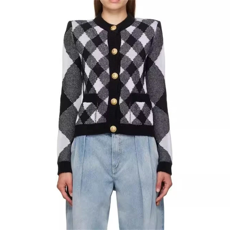 

2025 spring new crewneck plaid long sleeve knitted cardigan y2k high quality fashion high street gold button decorative jacket