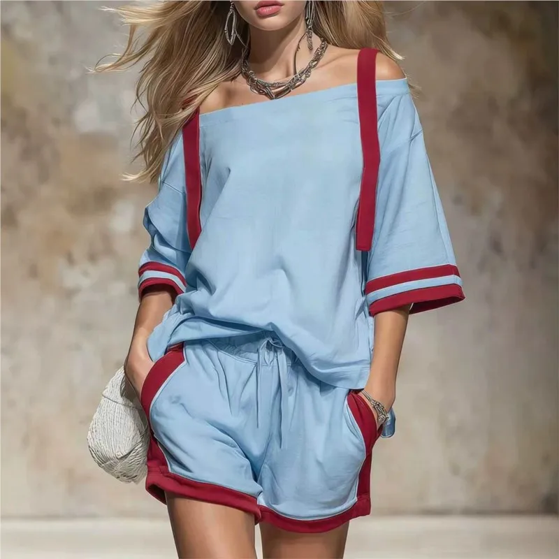 Summer Sexy Off Shoulder Top+shorts Sports Two-piece Set Woman's Fashion Color Blocked Street Suit Ladies Foreign Style Outfit