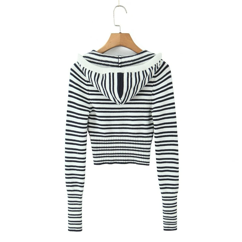 2026 Nieuwe Vrouwen Rits Trekkoord Capuchon Trui Amerikaanse Retro Design Wit Gestreepte Gebreide Sexy Hip-Verpakt Broek pak Dames