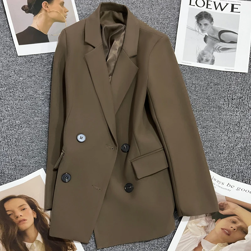 Women Brown Blazer Jacket Vintage Double Breasted Outerwear Long Sleeve Office Ladies Suit Coat Harajuku Y2k 2000s Clothes Autum