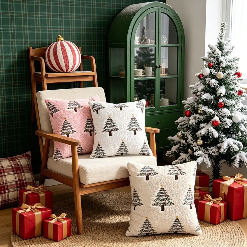 Embroidered Throw Pillow Case Faux Rabbit Fur 18x18 Inch Cushion Covers Christmas Tree Soft Cozy Tufted Pillow Cover Sofa Decor