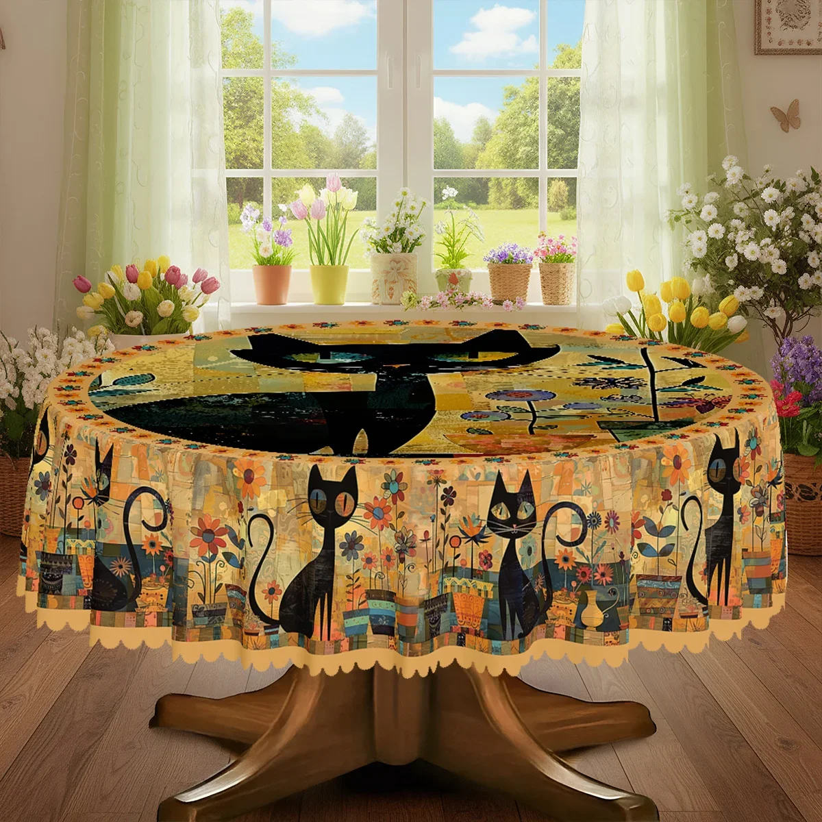 1 piece, a childlike retro patchwork Bohemian-style tablecloth with a black cartoon cat flowerpot pattern and floral designyzb