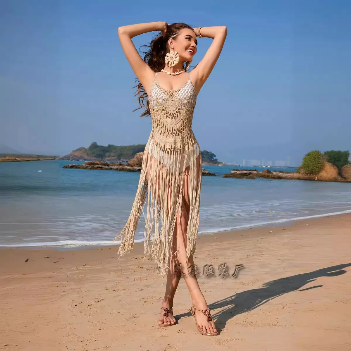 JHJN  Vacation Style Camisole Sexy Beach Hoodie Solid Color Pure Handmade Hand Hook Women's Sweater Luxury Brand
