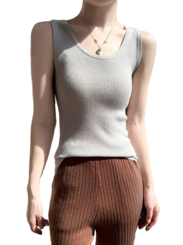 

2024 Hot Tanks Wear 100% Merino Wool Ultrathin Tank Top Worsted Ribbed Slim Knit Women Camis Feminine All-Match S/S Camisole