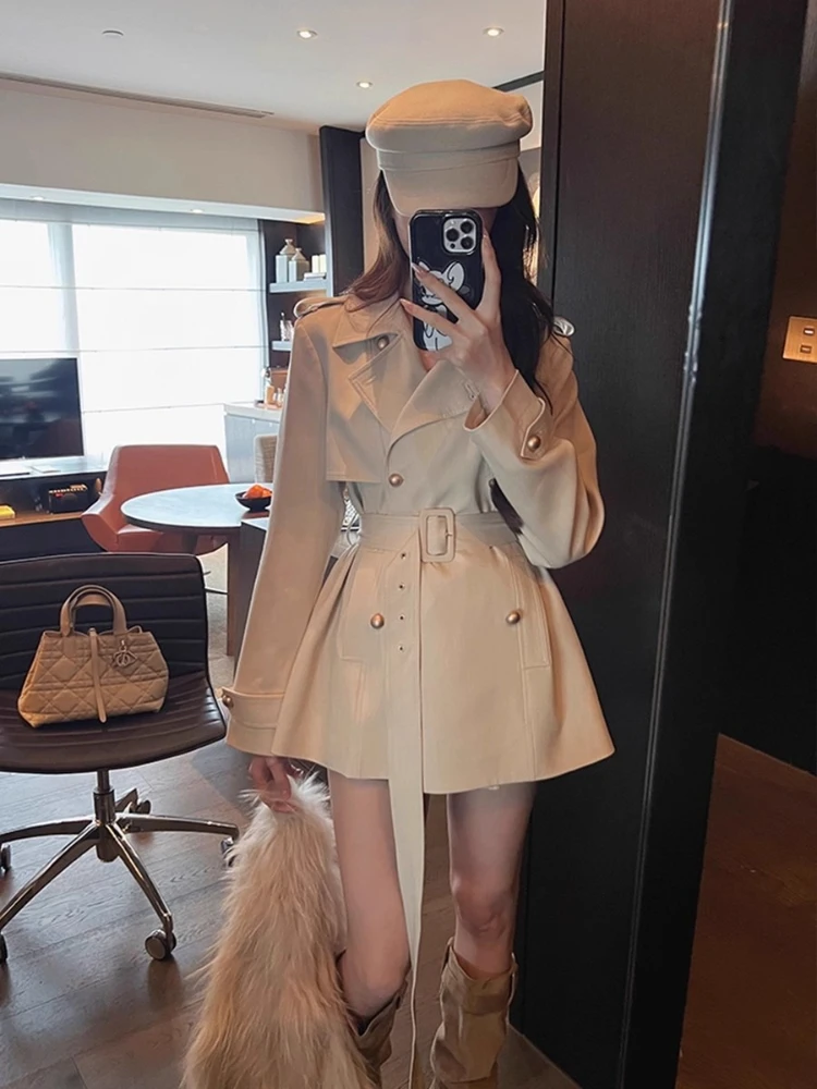 

Autumn New Trench Coat Korean Retro Style Beige Jacket Women High-End Waist Cinched Slim A-Line Mid Length Coats Women Clothes