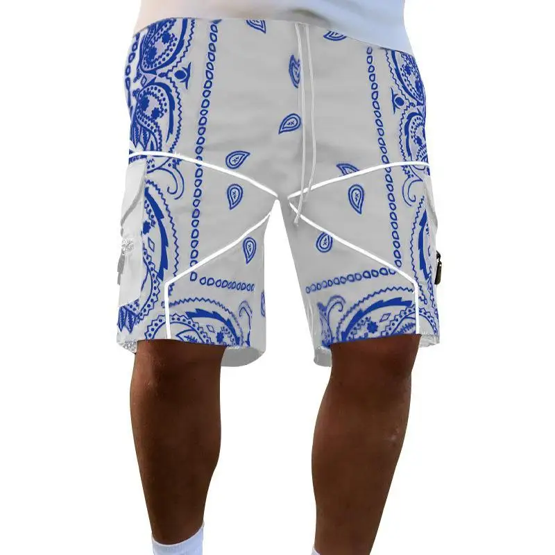 Men\'s cashew flower shorts baggy high street multi-pocket Casual beach pants men\'s straight leg cargo shorts Joggers Gym shorts