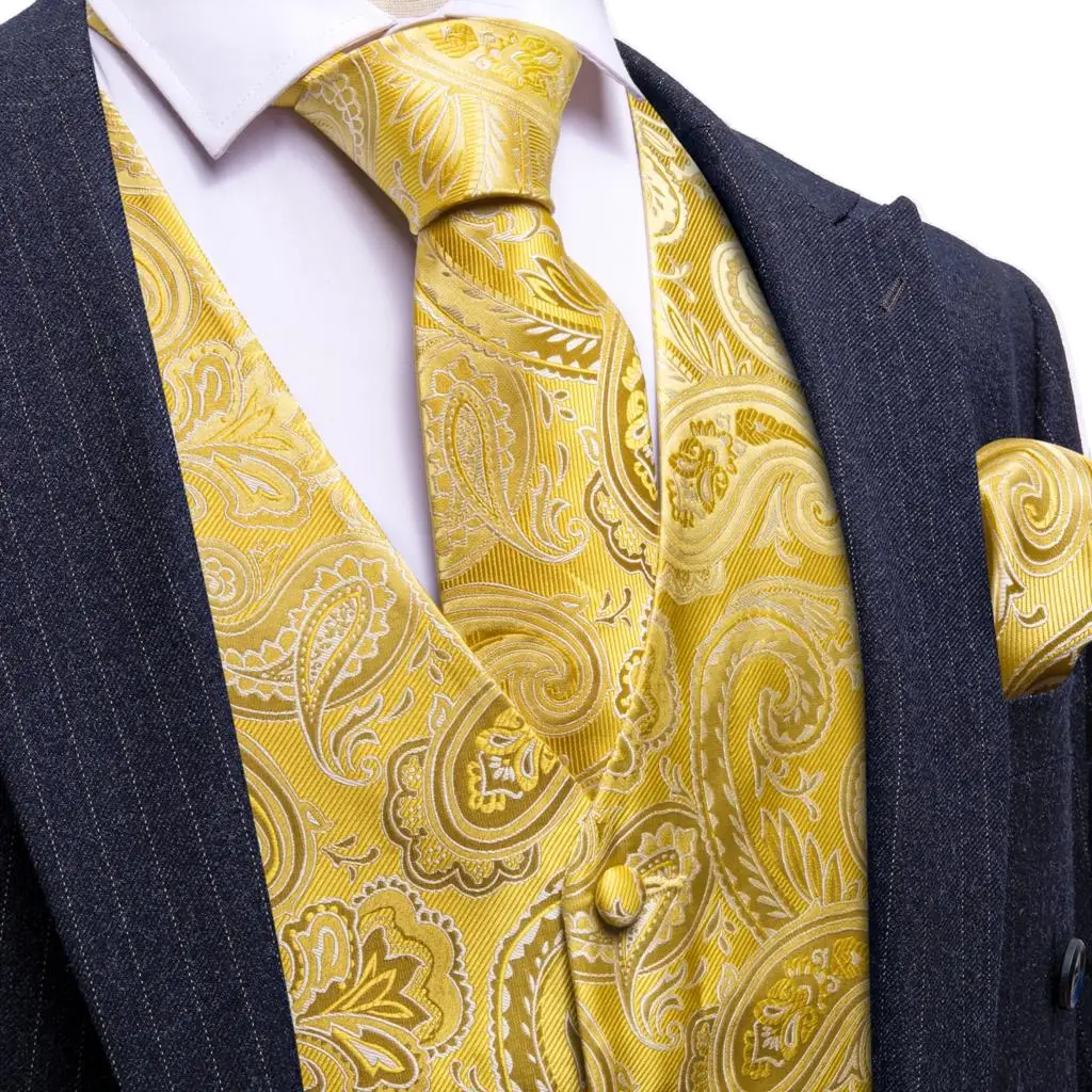 Luxury Dress Vest for Men Waistcoat Tie Set Gold Yellow Paisley Vintage Formal Wedding Suit Male Gilet Sleeveless Barry Wang