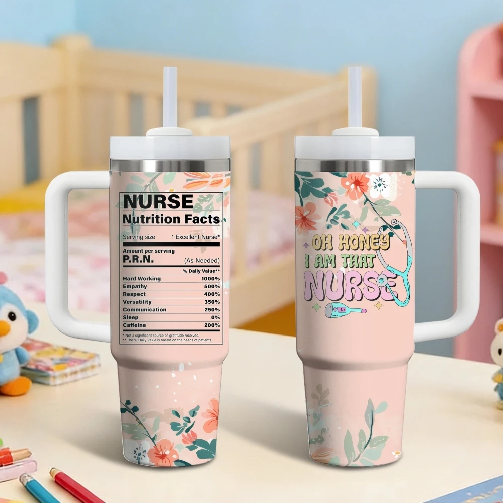 Nurse Nutrition Facts Flowers Vacuum Flasks 40oz Stainless Steel Vacuum Insulated Tumbler with Straw Leak Resistant Travel Mug