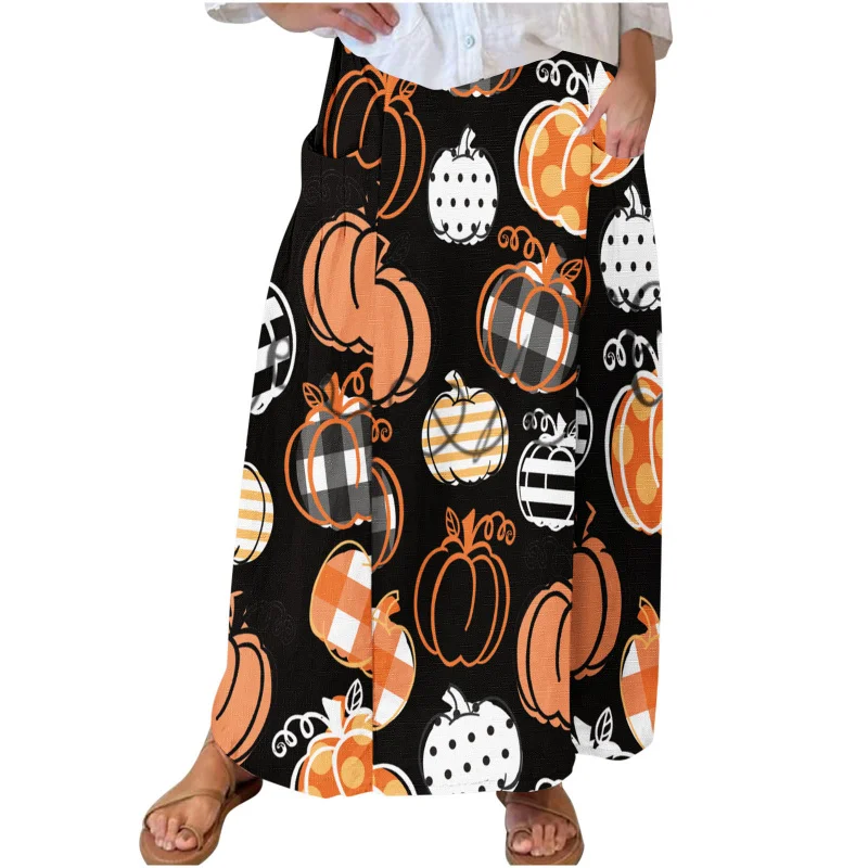 2024 Mode Damen Halloween Kürbis Print lässig Taschen kleid