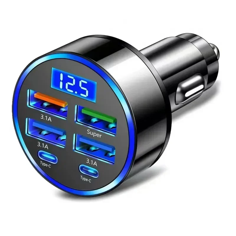 6 in 1 Car Charger Fast Charging LED Voltage Display Multi Port USB Car Phone Charger Cigarette Lighter Adapter Universal