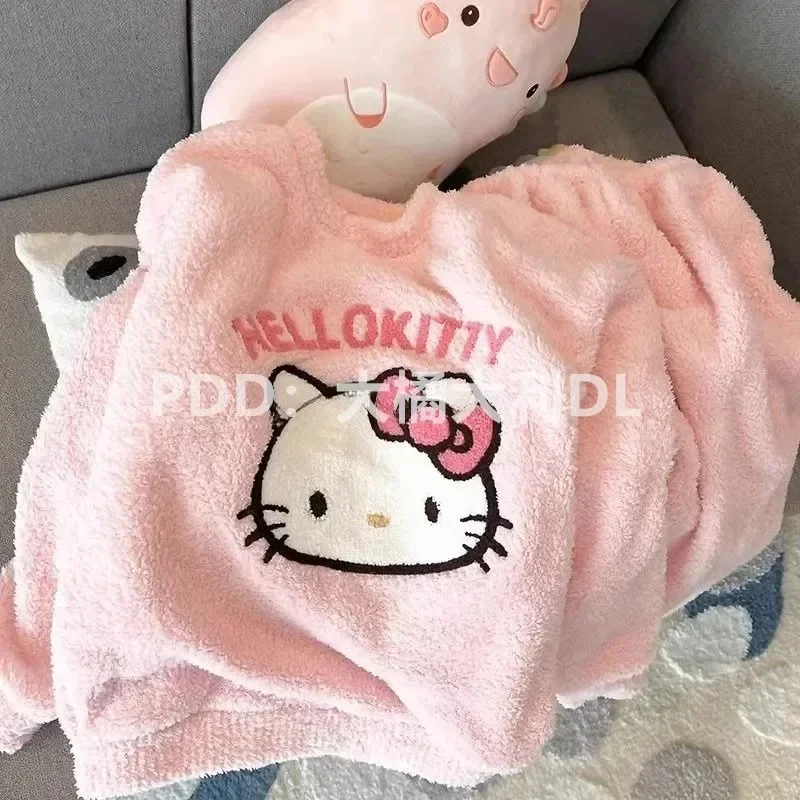 

Hello Kitty Anime Kawaii MINISO Fashion Warm Coral Velvet Pajamas Kt Cat Cartoon Cute Homewear Shirt Pants Set Gifts for Girls