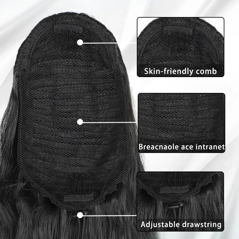 24 Inch Wave Hair Ponytail for Women Long Curly Wavy Drawstring Ponytail Extensions Synthetic Brown Body Wave Clip in Horse Tail