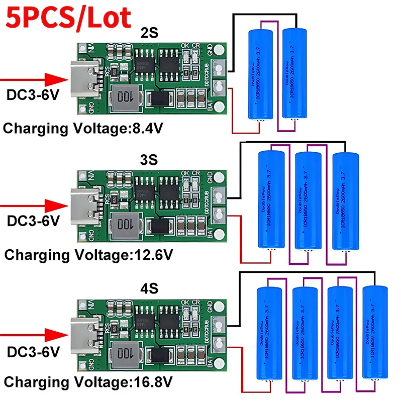 Multi-Cell Step-Up Boost Carregador de iões de lítio, 18650 Bateria de lítio, 2S, 3S, 4S, Tipo-C para 8.4V, 12.6V, 16.8V, Polímero LiPO