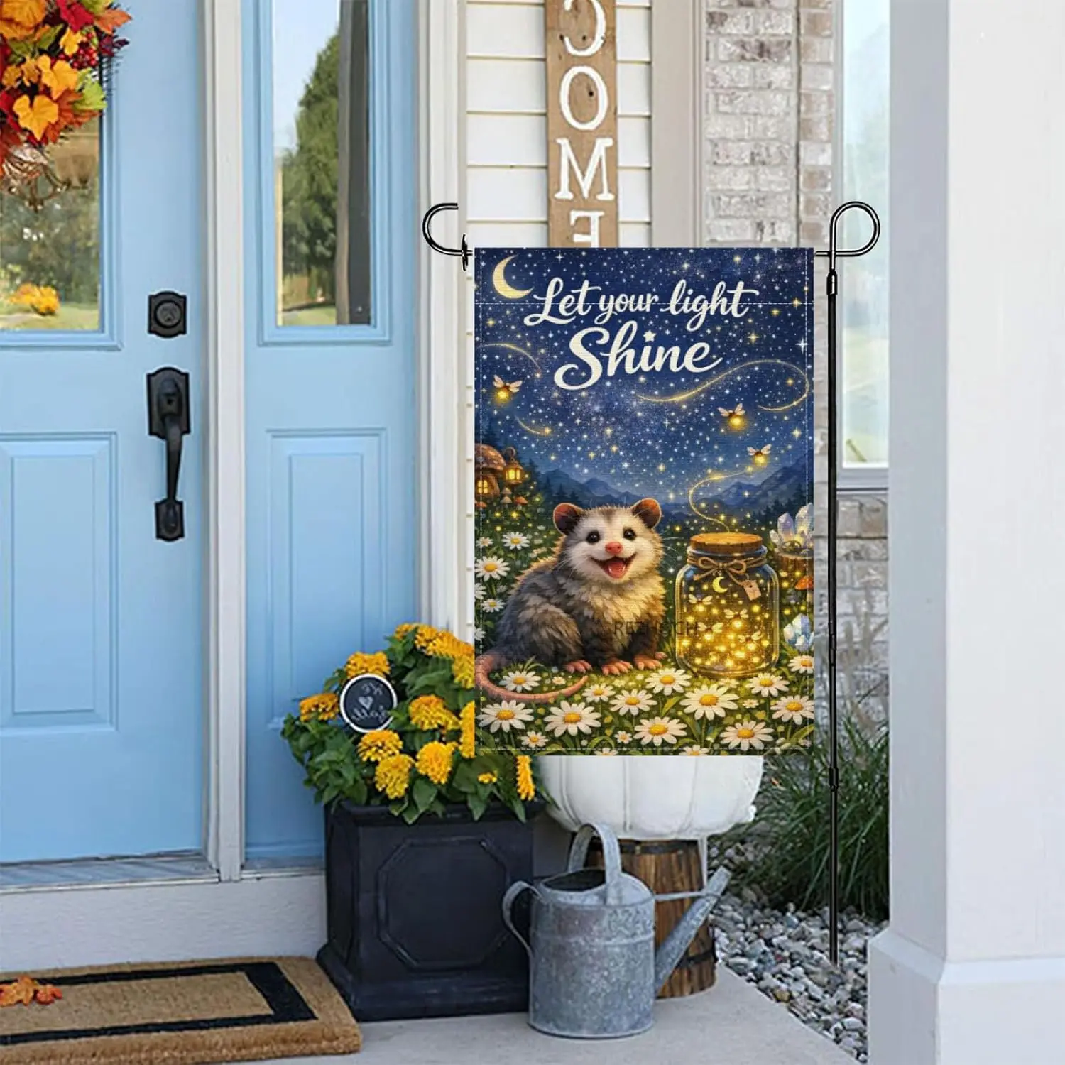 Funny Opossum Garden Flag 12x18Inch Double Sided Let Your Light Shine Home Farm Decor,Cute Animal Fireflies Daisies,Outdoor  ZZM