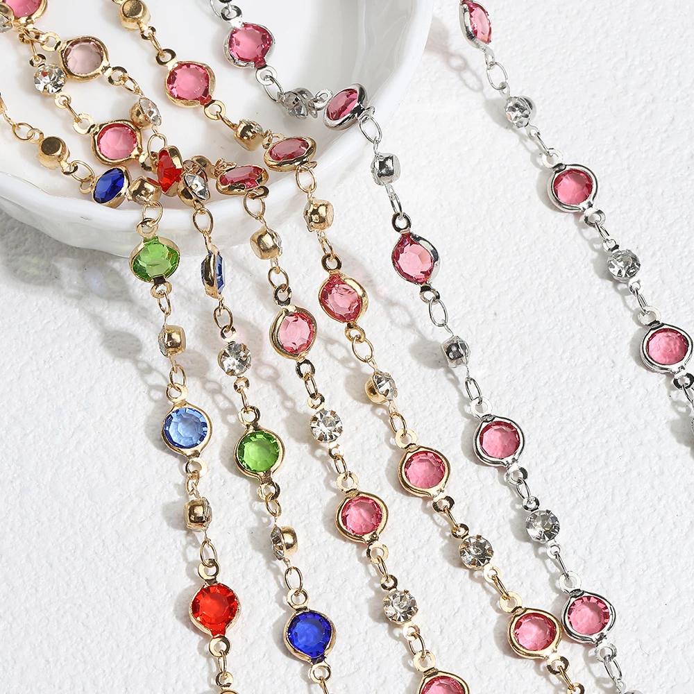 

1meter Fashion Colorful Crystal Beads Chains Glass Rhinestone KC Gold Color Chain for jewelry Making DIY Gift Women Wholesale