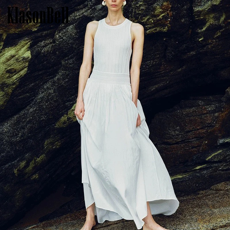 

5.17 KlasonBell Female Fashion Holiday Temperament Sleeveless Tank Dress O-Neck Knit Spliced Collect Waist Maxi Dress Women