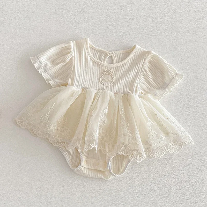 2026 New Summer Newborn Baby Girl Romper Short sleeved cotton mesh splicing Korean Style Climbing Suit 0-24M Children Clothes