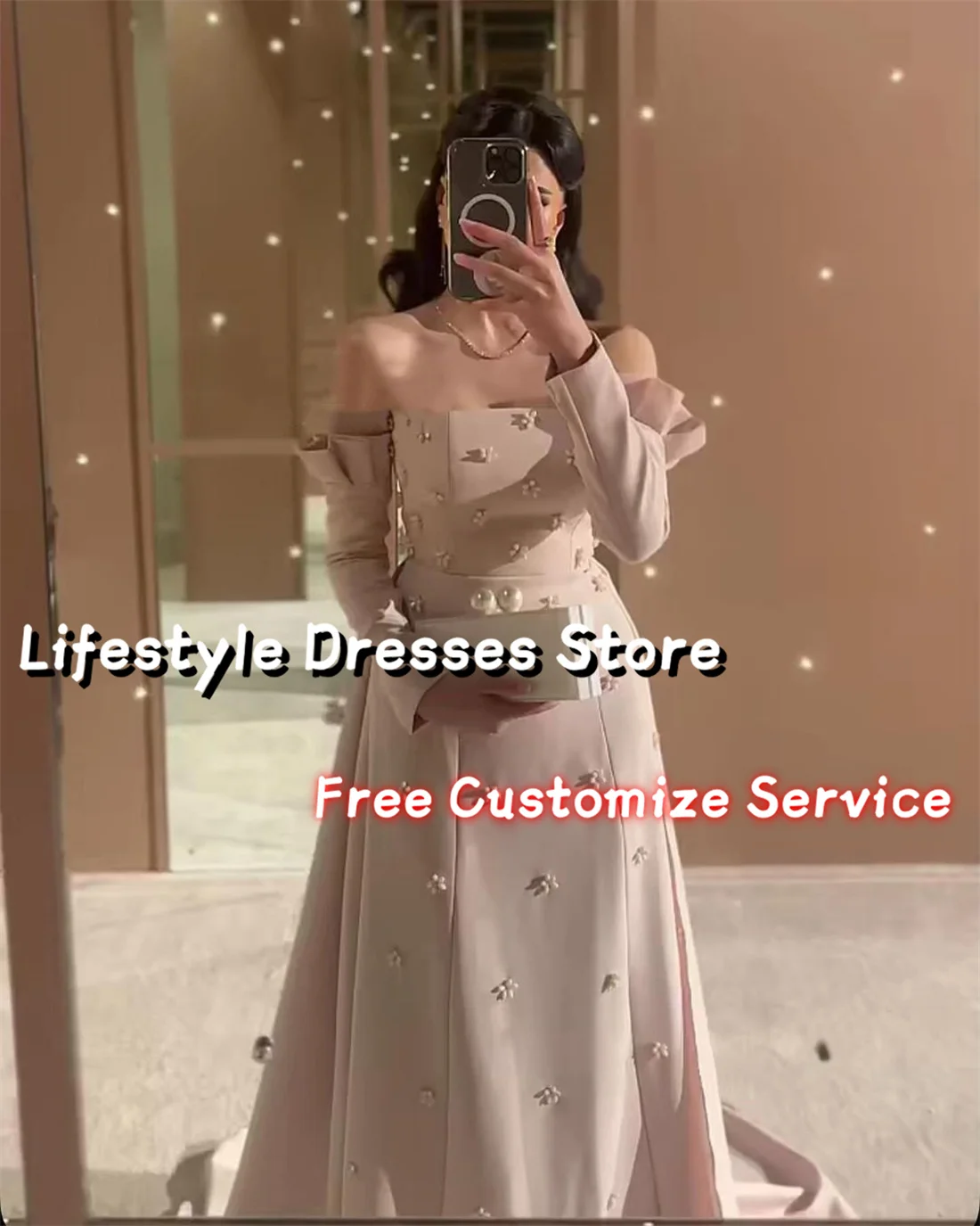 Customized Beads Prom Dresses Long Sleeves Gorgeous Evening Dress Back Tail Floor-Length Wedding Party Gown Formal Dress