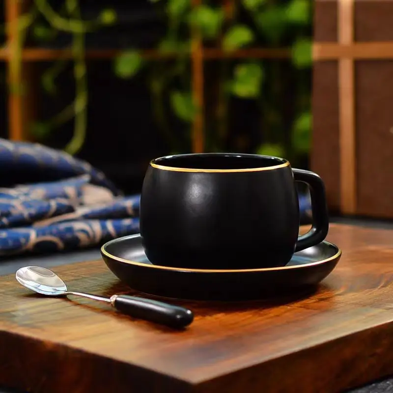 1pc Black Matt Ceramic Luxury Coffee Cup With Saucer Milk Mug Tea Cup Nordic Afternoon Tea Cup Wedding Gift