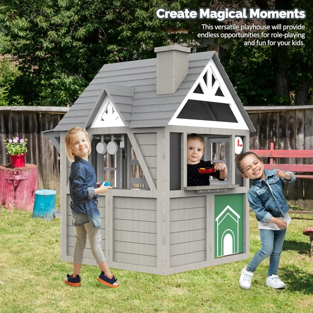 

Outdoor Kids Playhouse, All Fir Gray Modern Wooden Playhouse, Indoor and Outdoor Cottage Play House with Sink, Stove, Cookware,