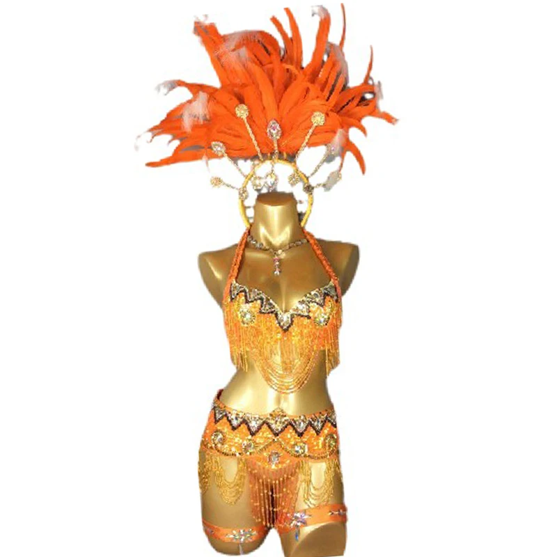 New Sexy Samba Rio Carnival Costume Beaded Sequins belly dance costume with Orange Feather Head piece Outfit