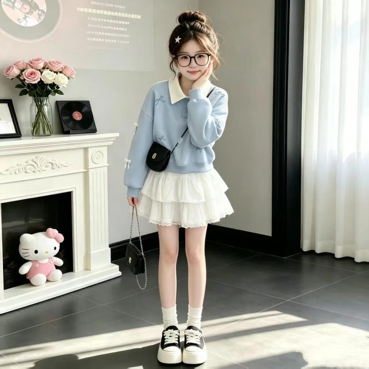 2026 autumn girls Cloth Child set LONG sleeve Teens t shirt top HOODED sweatshirt + JK pleated lace tutu skirt 4 8 11 10 12 year