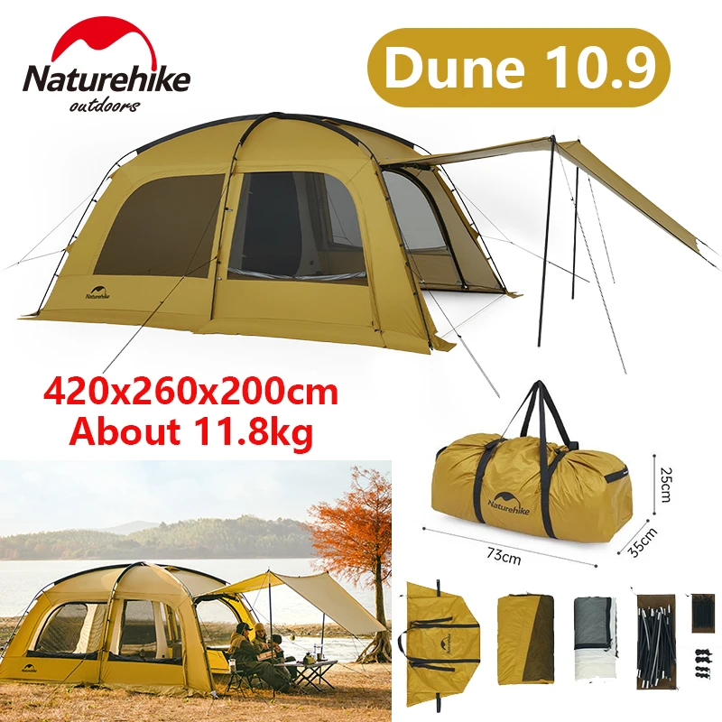 Naturehike Dune 10.9 Tent Double Layer Dome Tent with Extended Canopy for 4-6 Person 75D Outdoor Camping Beach Fireproof Chimney