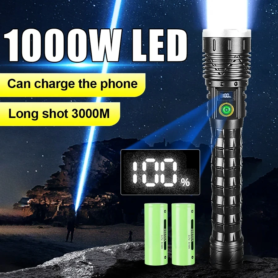 

1000W Super Bright LED Flashlight Waterproof Rechargeable Torch Powerful Flashlight 26650 Outdoor Work Light Camping Lantern