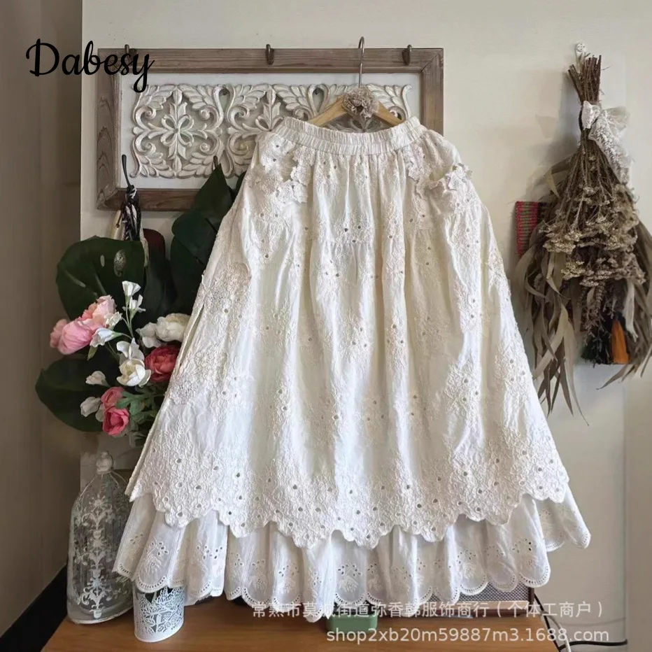 

Women's Embroidery Casual Cotton Linen Pleated Long Skirt Autumn Japanese Mori Loose Daily High Waist Solid A-Line Beach Skirts