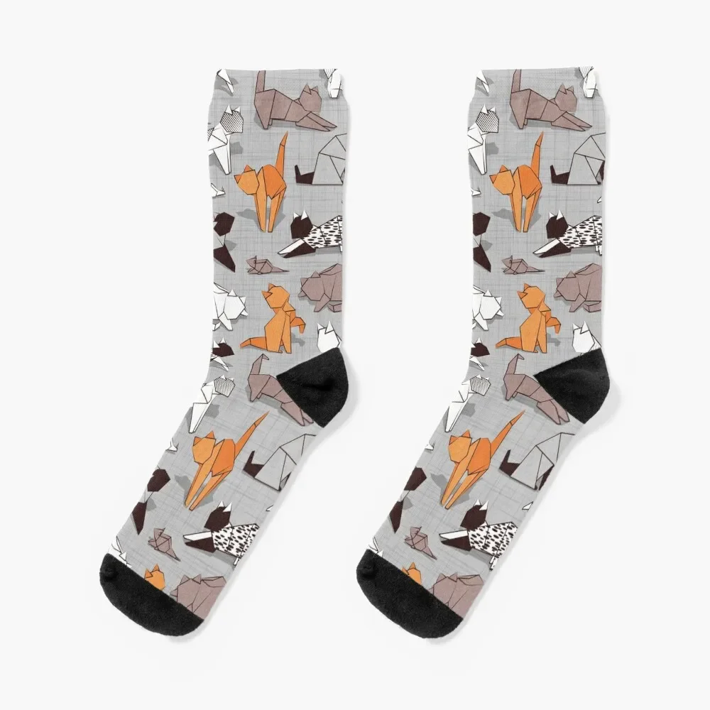 

Origami kitten friends // grey linen texture background paper cats Socks summer Stockings man Boy Child Socks Women's