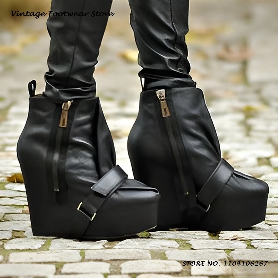 Belt Buckle Platform Ankle Boots Punk Round Toe Wedges Plus Size Shoes Women's Spring Autumn Street Style Fashion Zipper Booties