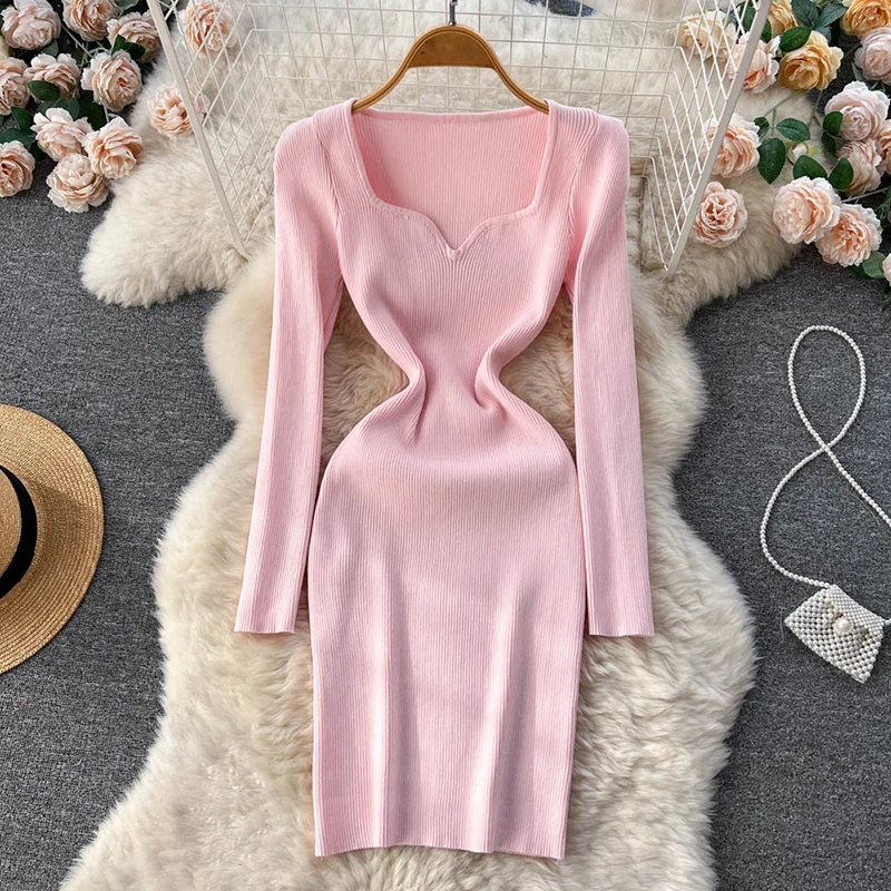 VÁY ĐẦM Cho Nữ 2022 Lưng Giữa Sexy Gợi Cảm Gân Dệt Kim Bodycon Đầm Nữ Mùa Đông Dài Tay Midi Áo Len Áo Quần Áo