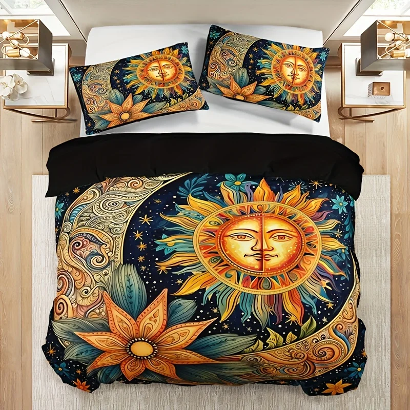 3pcs Duvet Cover High-Definition Printed Sun Moon Floral Printed Bedding Sets No Filling Queen King Size Dramatic Opulent Style